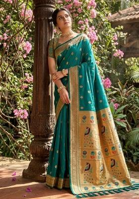 Rama Green Woven Zari Work Paithani Silk Saree Set