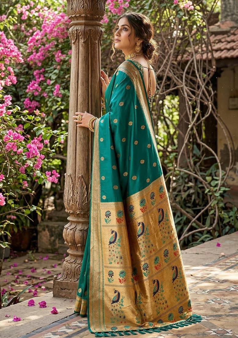 Rama Green Woven Zari Work Paithani Silk Saree Set - Indya