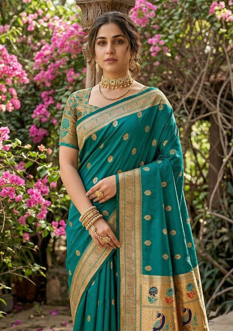 Rama Green Woven Paithani Silk Blend Saree Set with Zari Work for Diwali | Wedding & Festive Wear - Indya