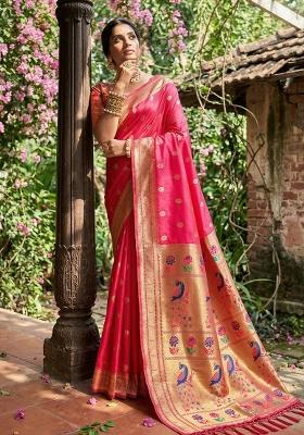 Rani Pink Woven Zari Work Paithani Silk Saree Set