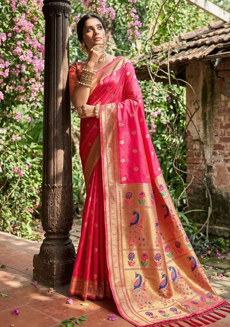 Rani Pink Woven Paithani Silk Blend Saree Set with Zari Work for Diwali | Wedding & Festive Wear - Indya