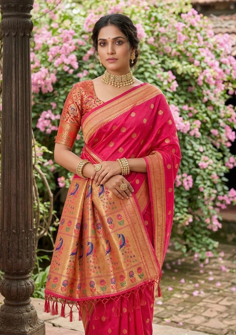 Rani Pink Woven Zari Work Paithani Silk Saree Set - Indya