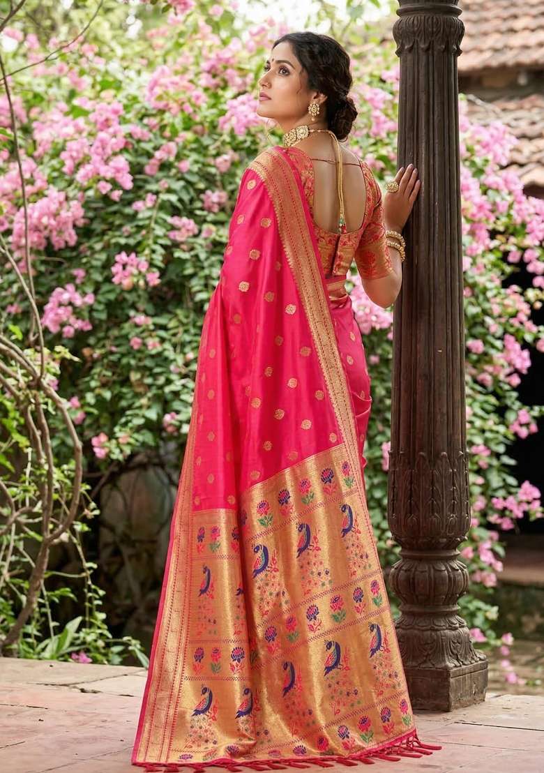 Rani Pink Woven Paithani Silk Blend Saree Set with Zari Work for Diwali | Wedding & Festive Wear - Indya