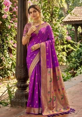 Violet Woven Zari Work Paithani Silk Saree Set