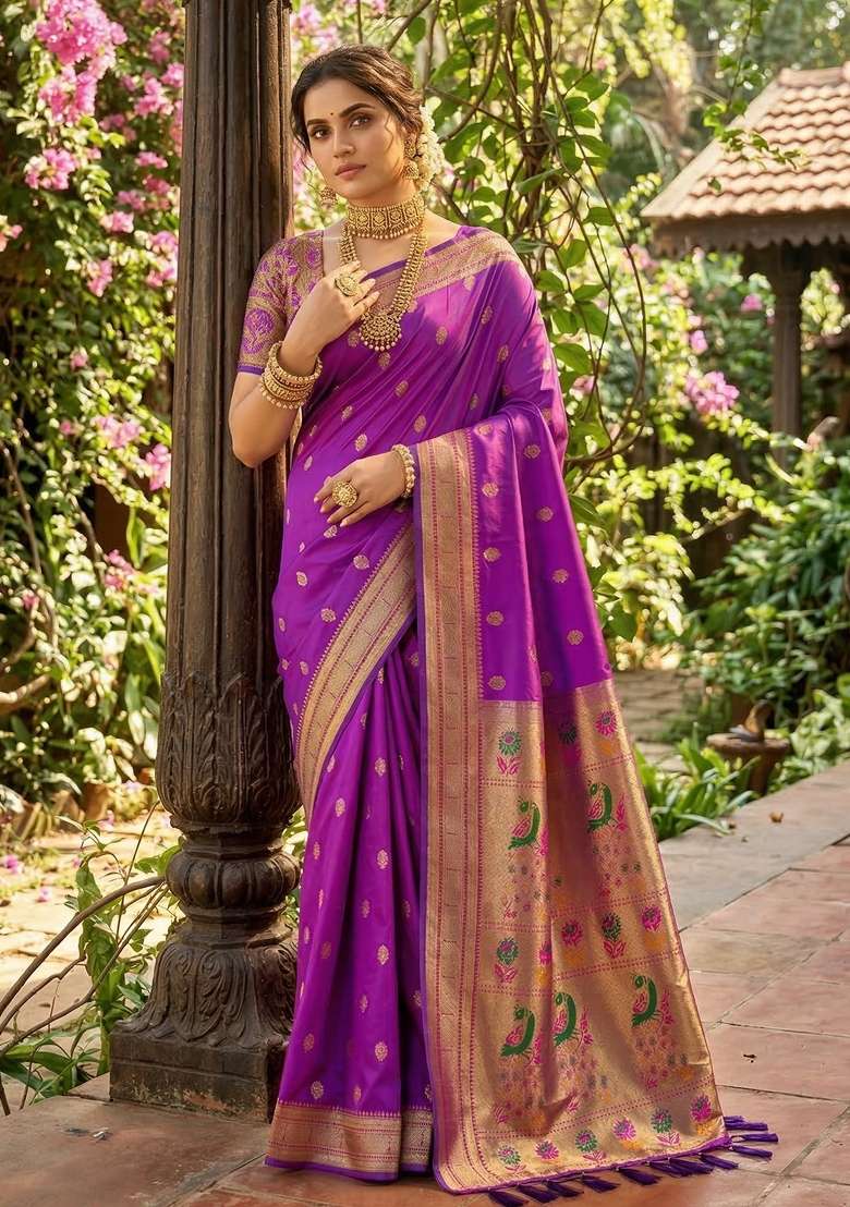 Violet Woven Zari Work Paithani Silk Blend Saree Set for Diwali and Festive Wear - Indya