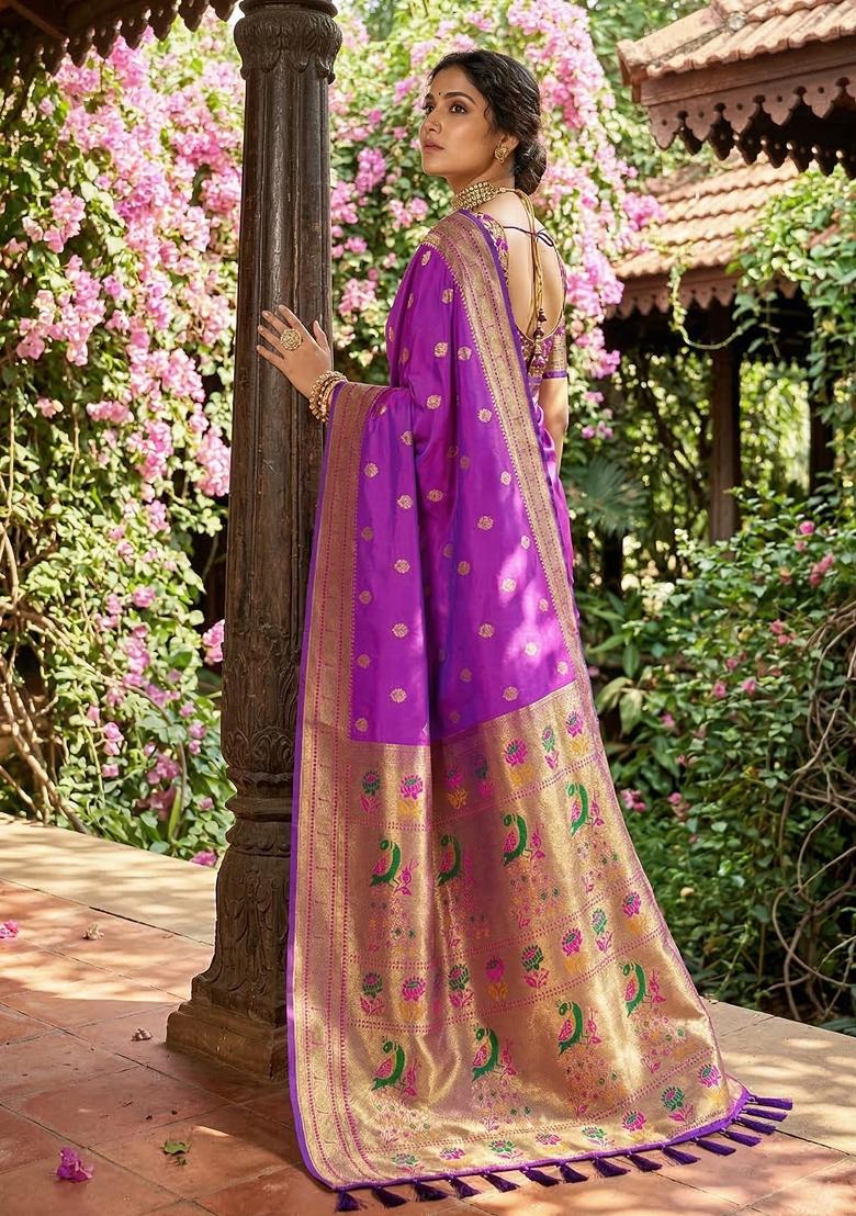 Violet Woven Zari Work Paithani Silk Saree Set - Indya