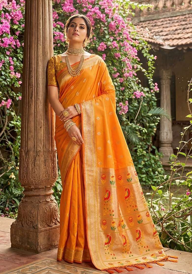 Mustard Yellow Woven Paithani Silk Blend Saree Set with Zari Work for Diwali | Wedding & Festive Wear - Indya