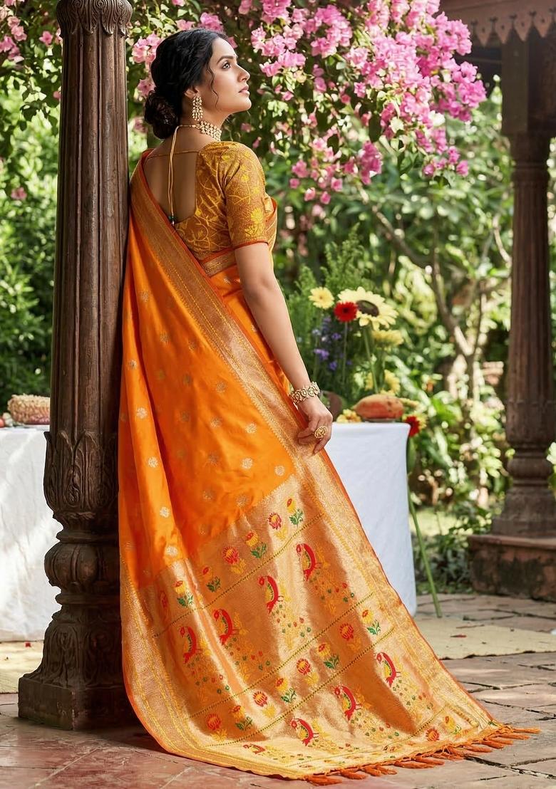 Mustard Yellow Woven Zari Work Paithani Silk Saree Set - Indya