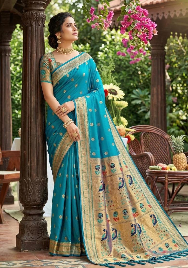 Sky Blue Woven Zari Work Paithani Silk Saree Set - Indya