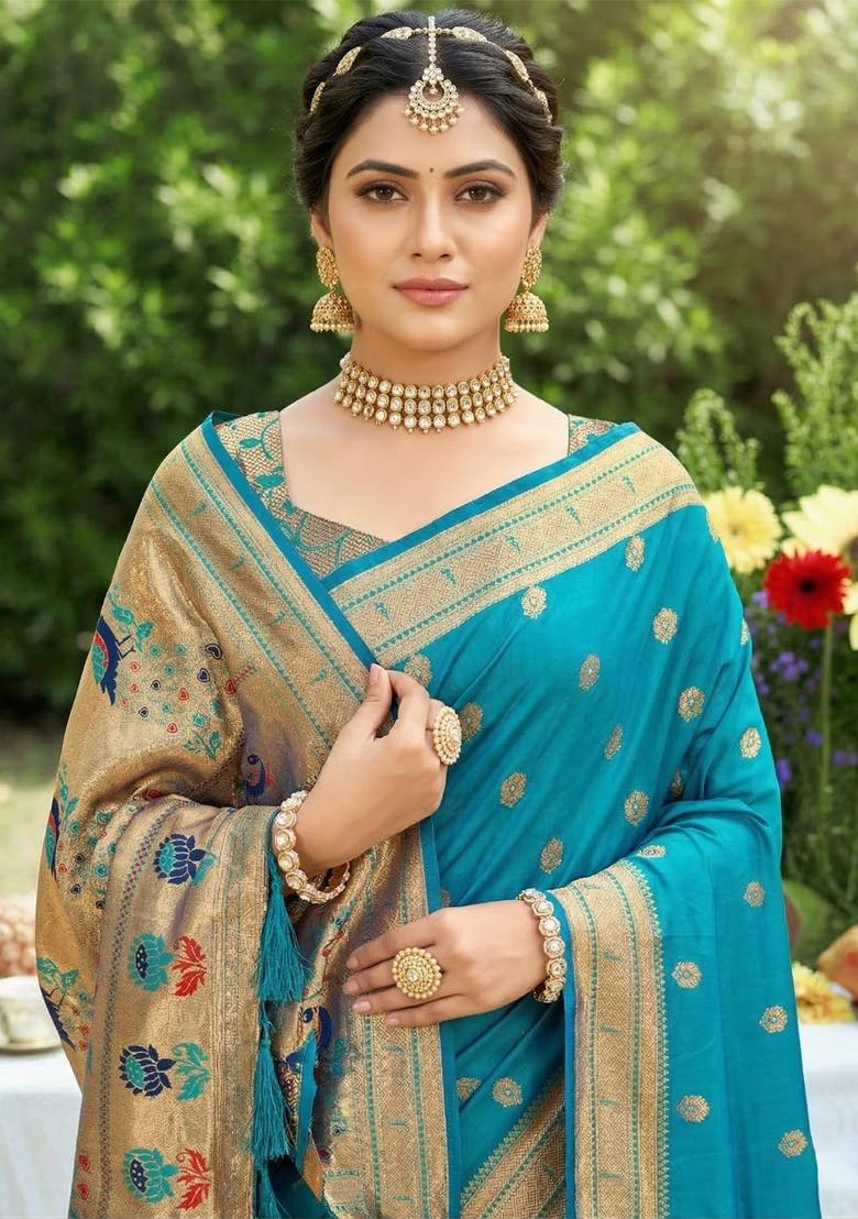 Sky Blue Woven Zari Work Paithani Silk Saree Set - Indya