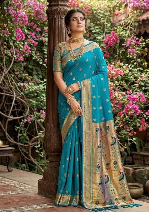 Sky Blue Woven Zari Work Paithani Silk Saree Set
