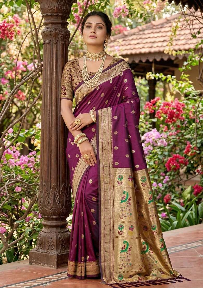 Purple Woven Zari Work Paithani Silk Blend Saree Set for Diwali and Festive Wear - Indya