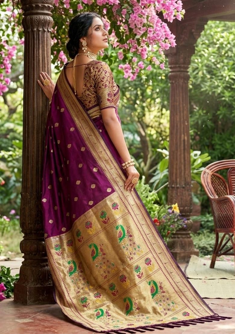 Purple Woven Zari Work Paithani Silk Saree Set - Indya