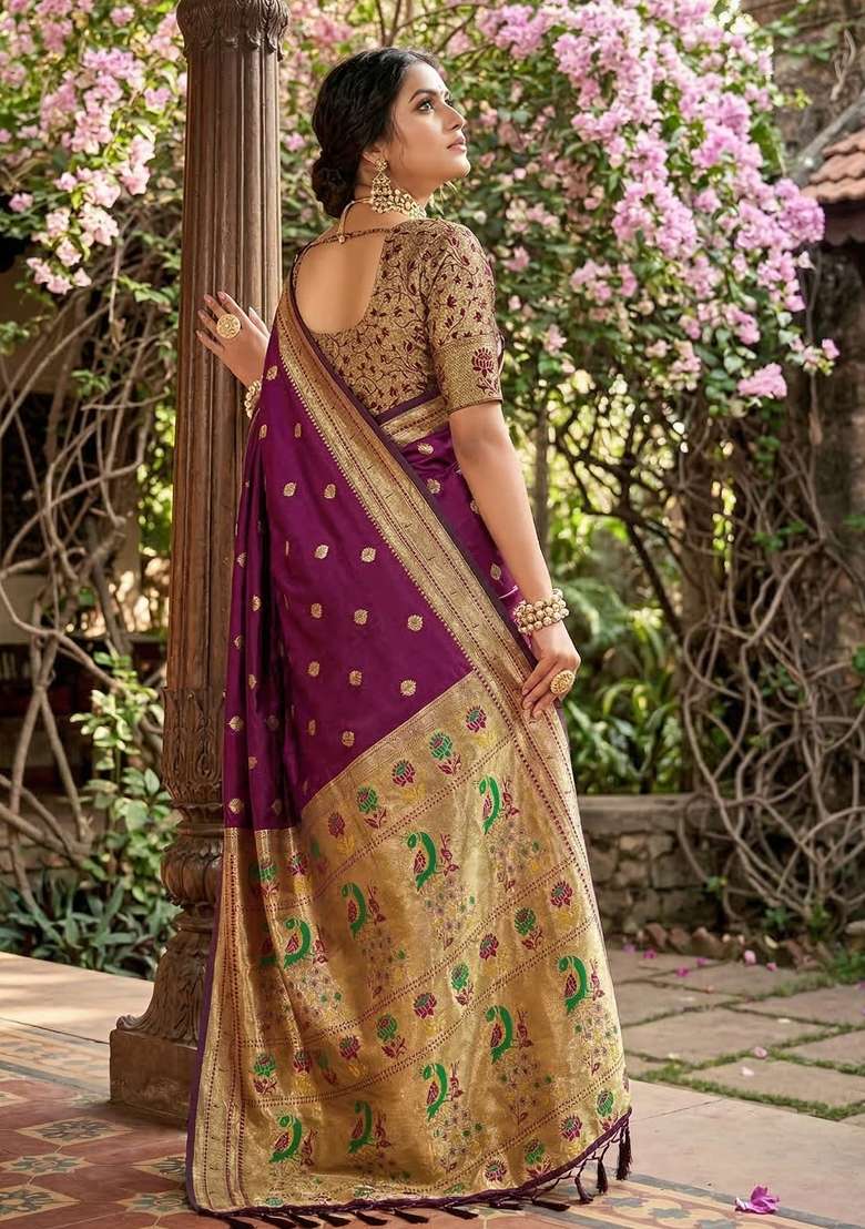 Purple Woven Zari Work Paithani Silk Blend Saree Set for Diwali and Festive Wear - Indya
