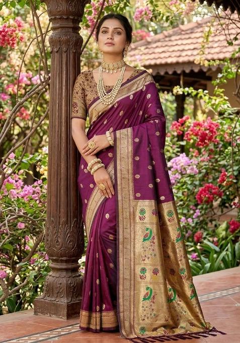 Purple Woven Zari Work Paithani Silk Saree Set