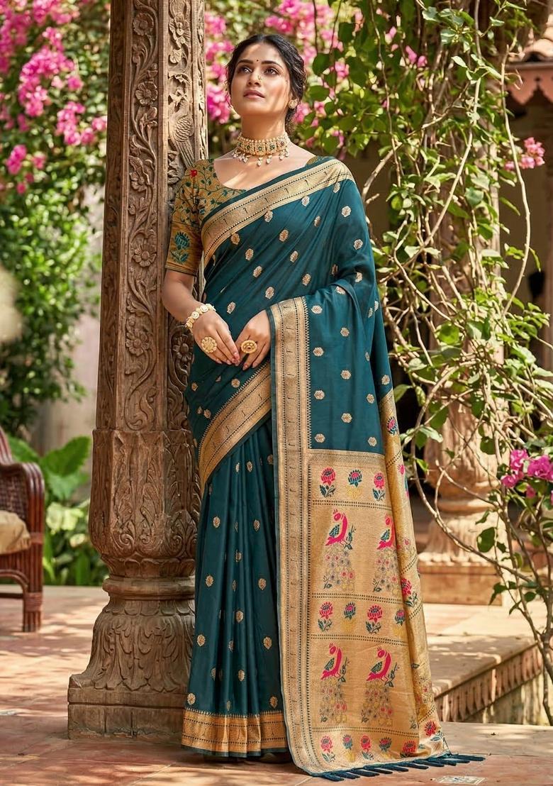 Teal Woven Zari Work Paithani Silk Saree Set - Indya