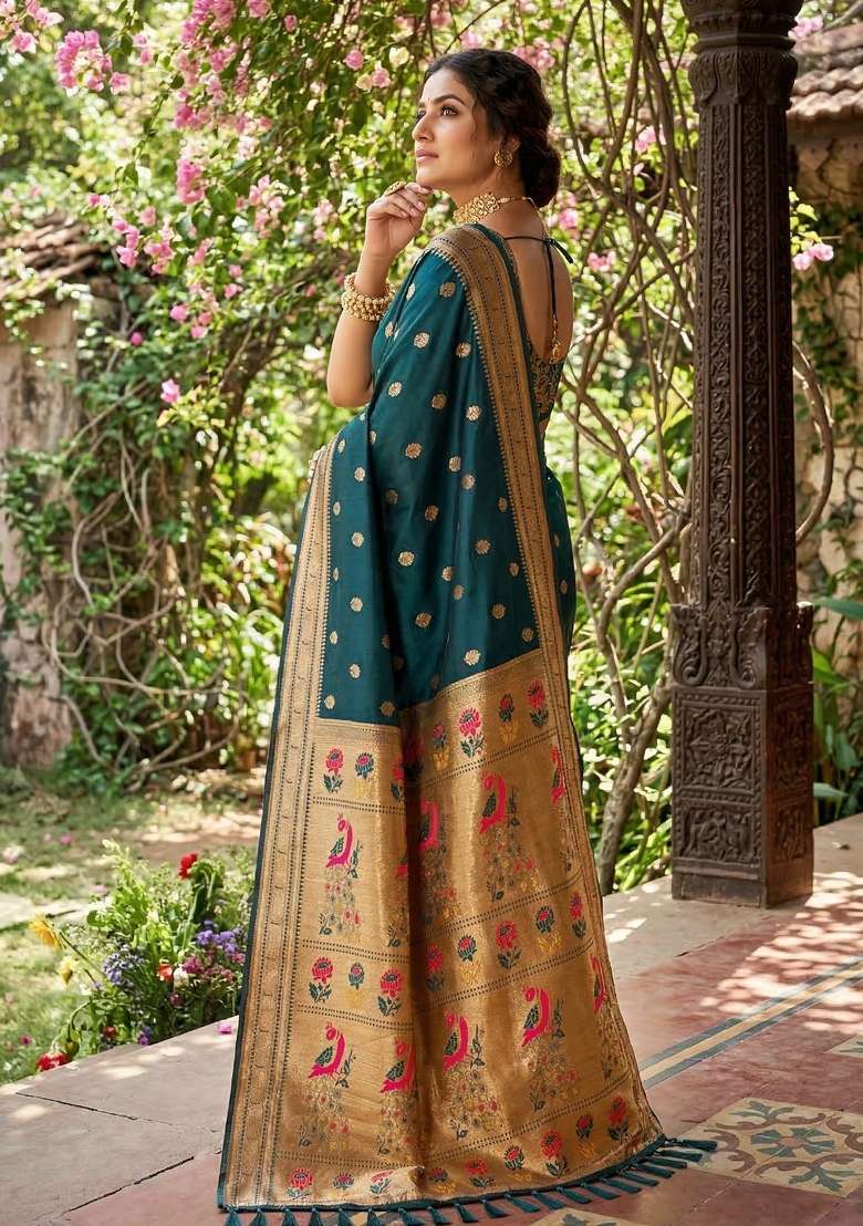 Teal Woven Paithani Silk Blend Saree Set with Zari Work for Diwali | Wedding & Festive Wear - Indya