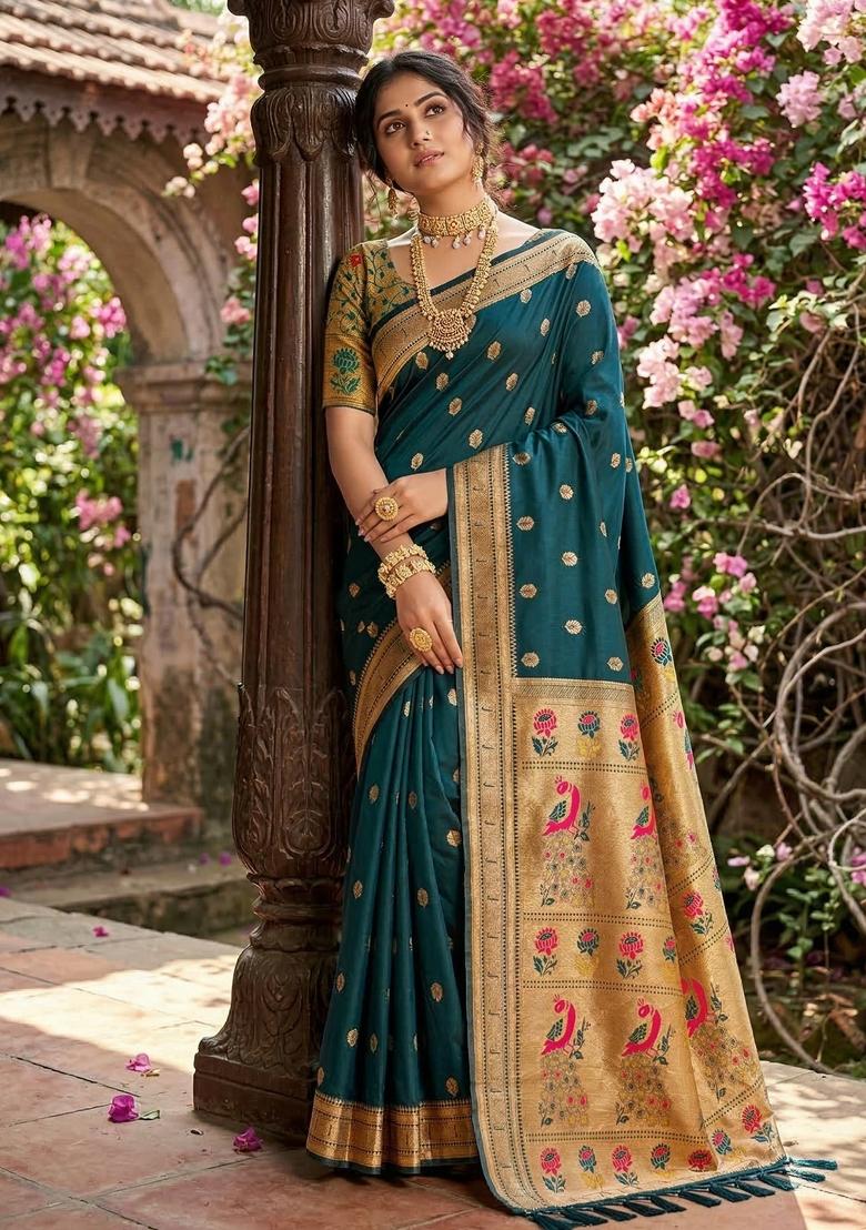 Teal Woven Zari Work Paithani Silk Saree Set - Indya