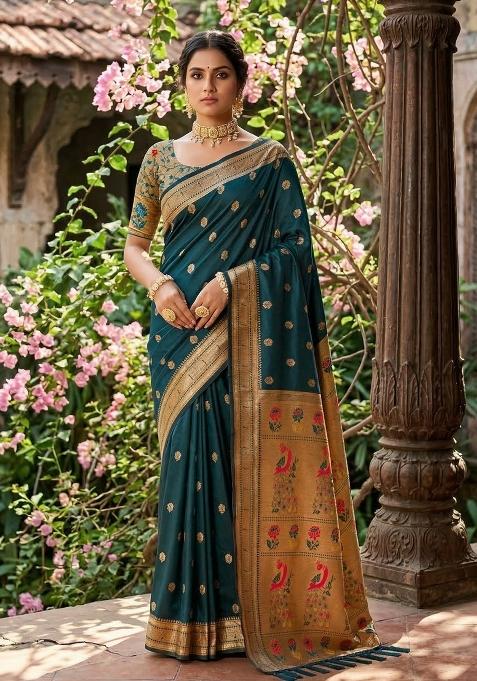 Teal Woven Zari Work Paithani Silk Saree Set