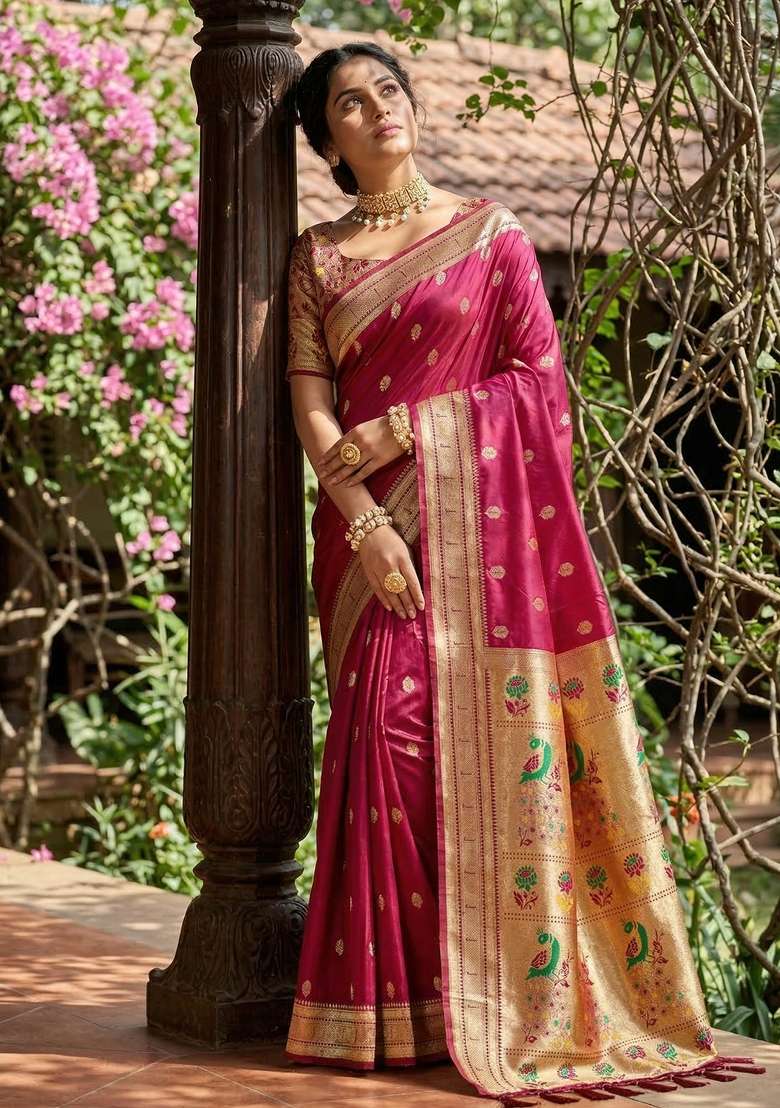 Magenta Woven Paithani Silk Blend Saree Set with Zari Work for Diwali | Wedding & Festive Wear - Indya