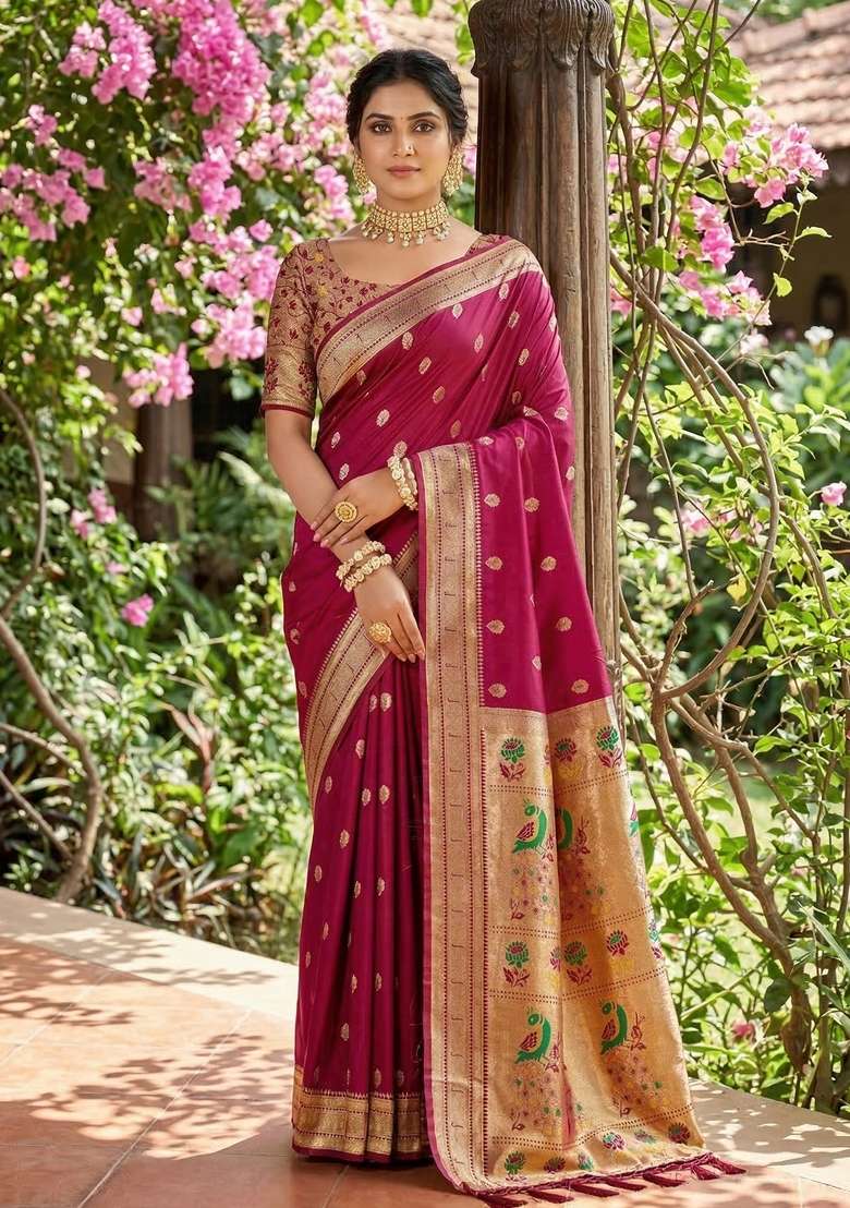 Magenta Woven Paithani Silk Blend Saree Set with Zari Work for Diwali | Wedding & Festive Wear - Indya
