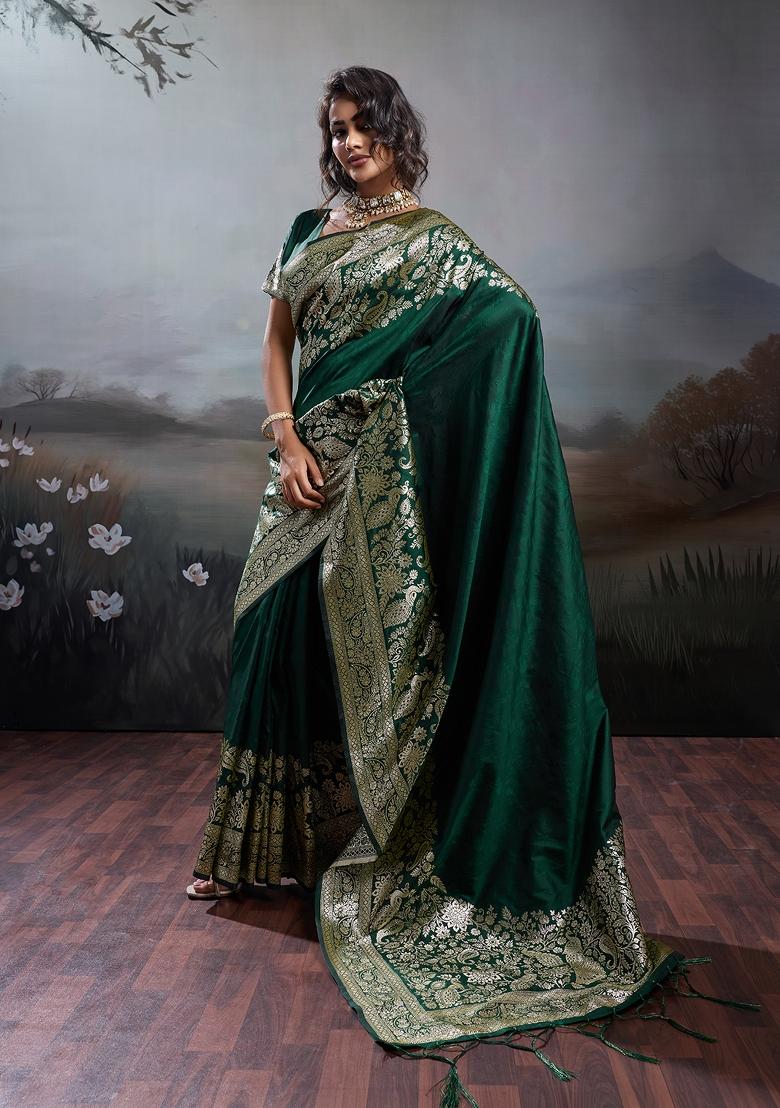 Dark Green Woven Zari Work Banarasi Silk Saree Set - Indya