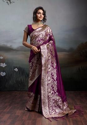 Purple Woven Zari Work Banarasi Silk Saree Set