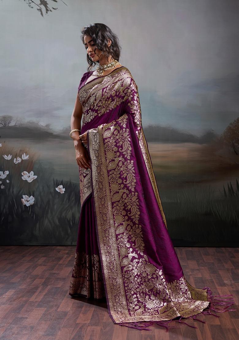 Purple Woven Zari Work Banarasi Silk Saree Set - Indya