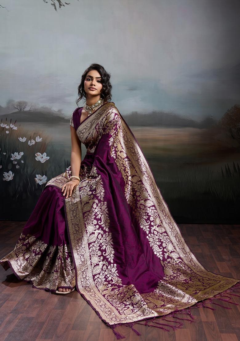 Purple Woven Zari Work Banarasi Silk Saree Set - Indya