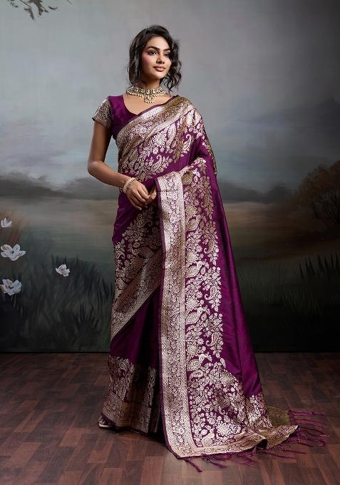 Purple Woven Zari Work Banarasi Silk Blend Saree Set