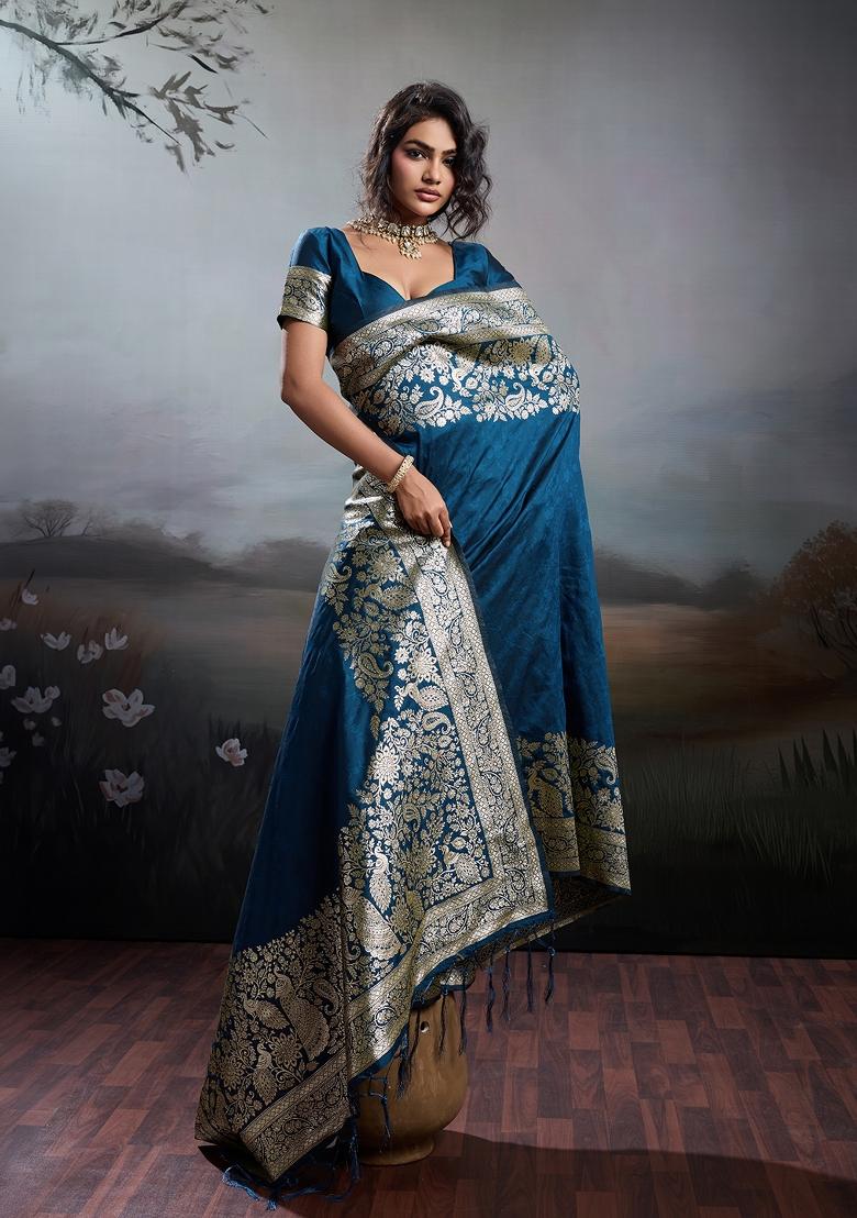 Navy Blue Woven Zari Work Banarasi Silk Saree Set - Indya