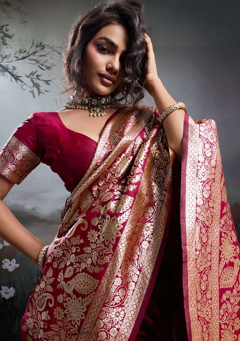 Maroon Woven Zari Work Banarasi Silk Blend Saree Set for Diwali and Festive Wear - Indya