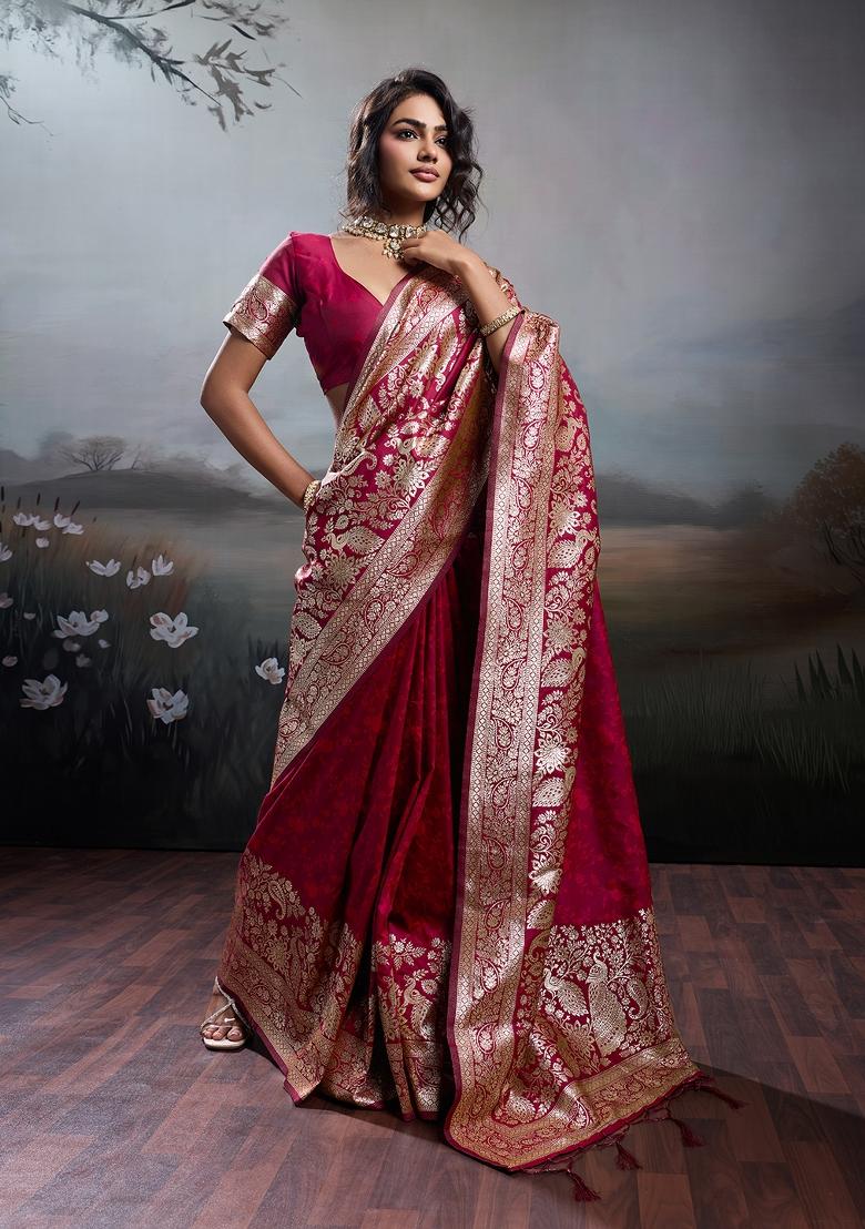 Maroon Woven Zari Work Banarasi Silk Saree Set - Indya