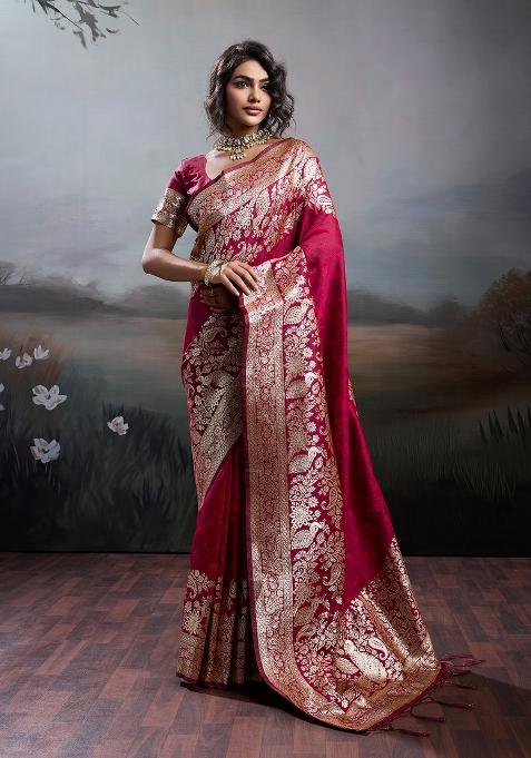 Maroon Woven Zari Work Banarasi Silk Saree Set