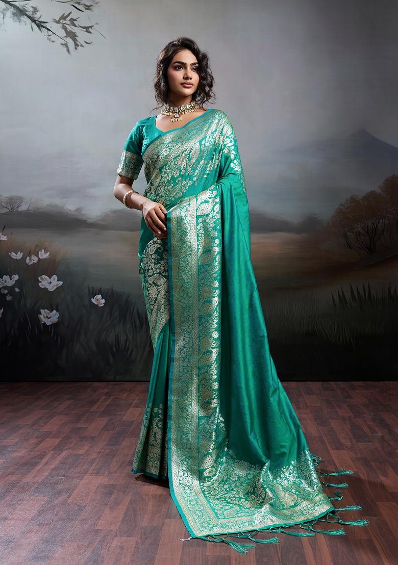 Teal Green Woven Zari Work Banarasi Silk Saree Set - Indya