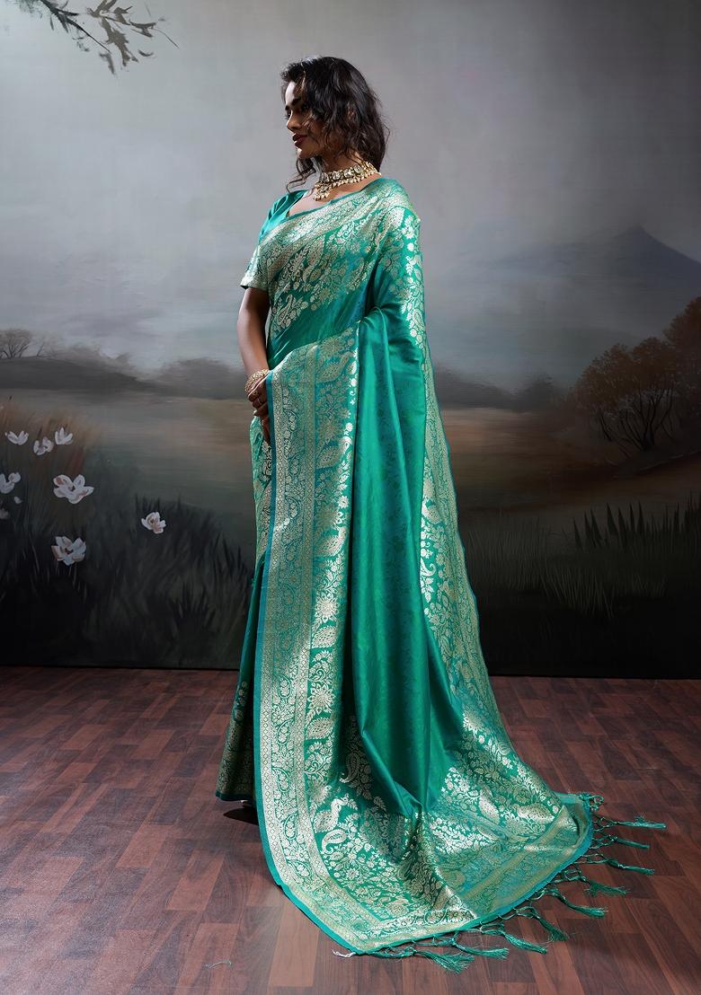 Teal Green Woven Zari Work Banarasi Silk Saree Set - Indya