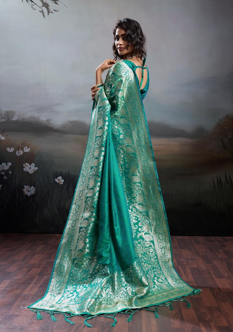 Teal Green Woven Zari Work Banarasi Silk Saree Set - Indya