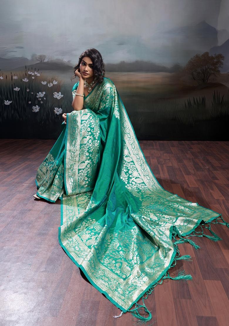 Teal Green Woven Zari Work Banarasi Silk Saree Set - Indya