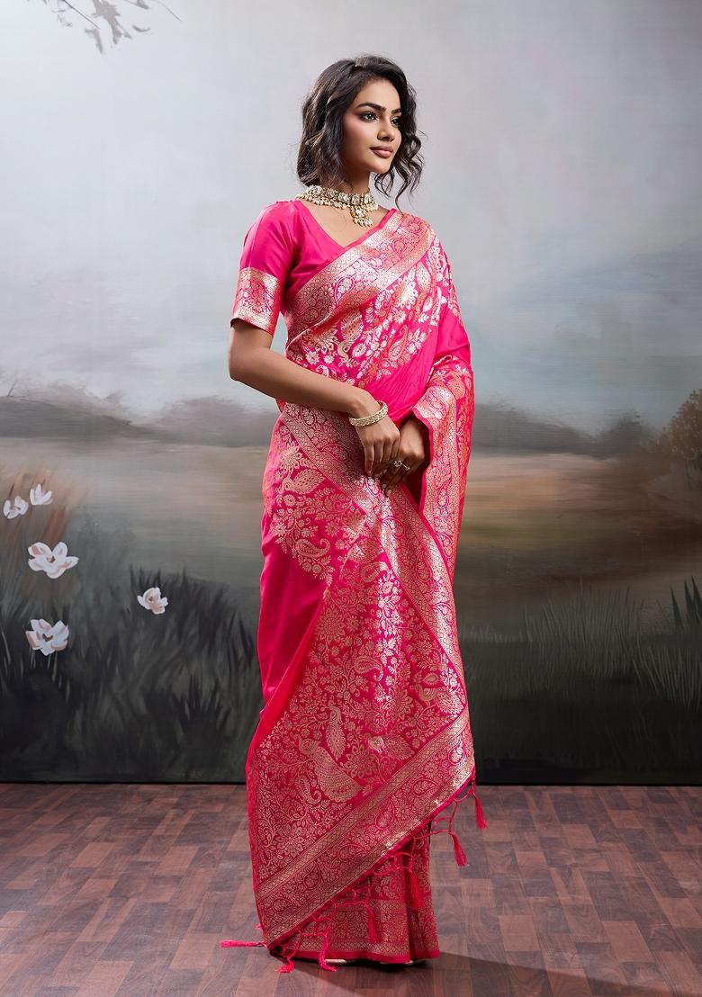 Rani Pink Woven Zari Work Banarasi Silk Saree Set - Indya