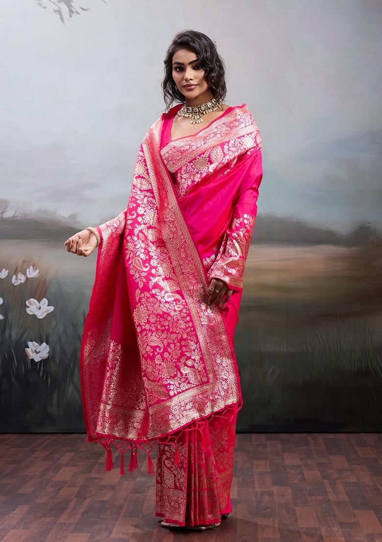 Rani Pink Woven Zari Work Banarasi Silk Saree Set - Indya