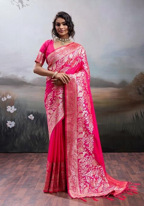 Rani Pink Woven Zari Work Banarasi Silk Blend Saree Set