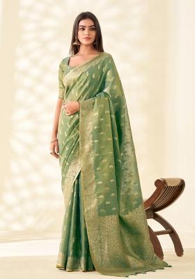 Green Woven Zari Work Tissue Silk Saree Set