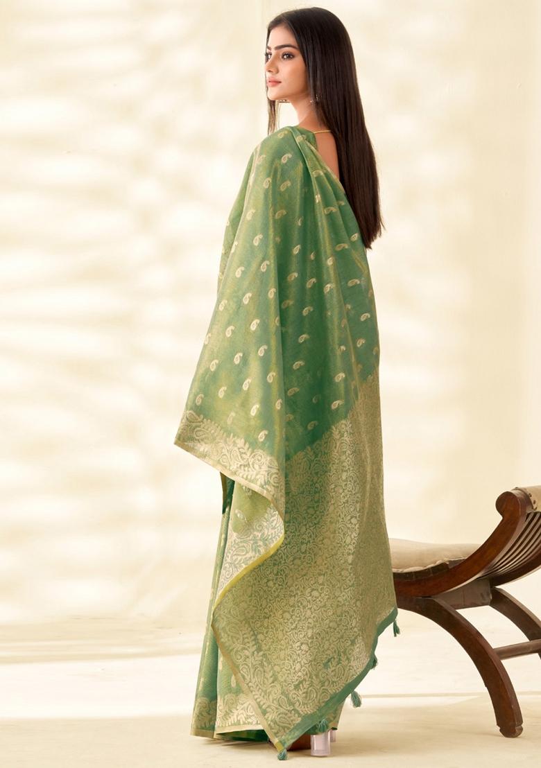 Green Woven Zari Work Tissue Silk Saree Set - Indya