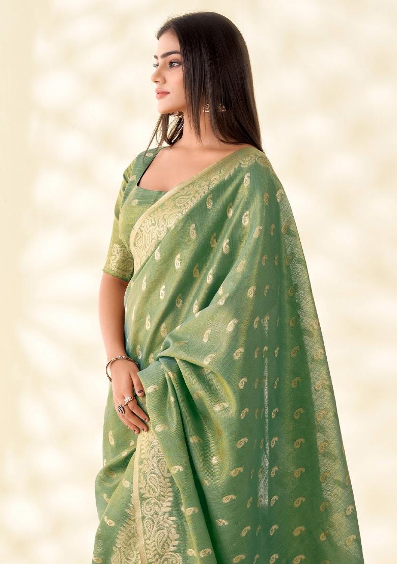 Green Woven Zari Work Tissue Silk Saree Set - Indya