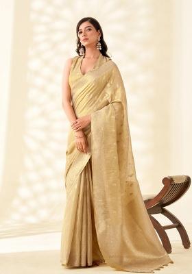 Beige Woven Zari Work Tissue Silk Saree Set