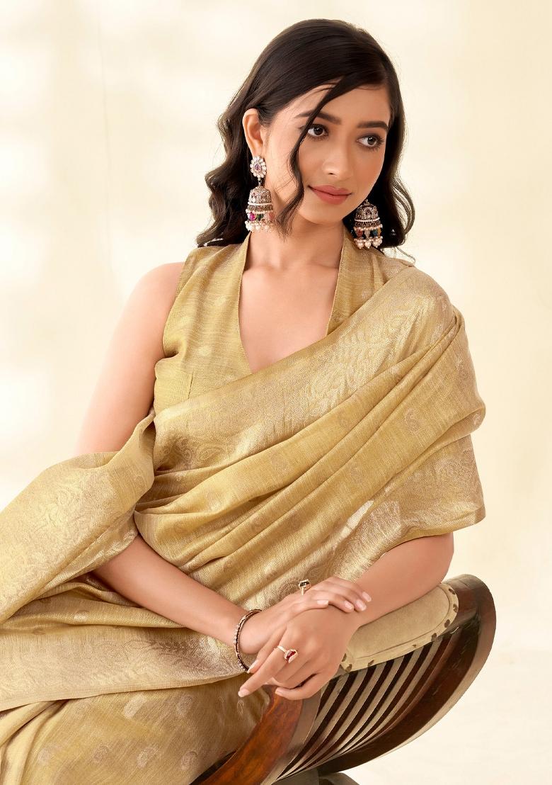 Beige Woven Zari Work Tissue Silk Saree Set - Indya