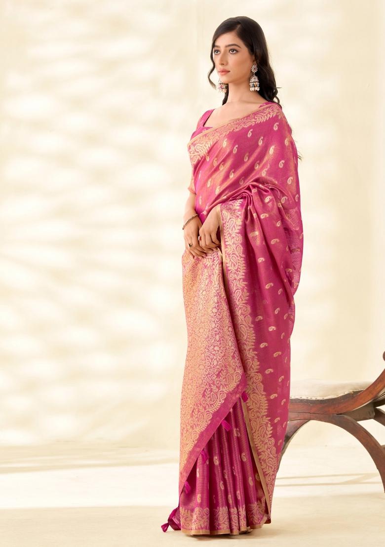 Magenta Woven Zari Work Tissue Silk Saree Set - Indya