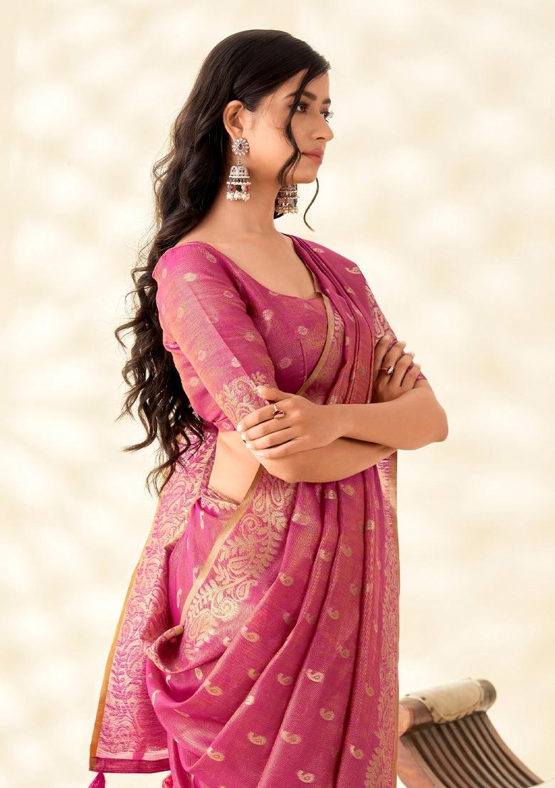 Magenta Woven Zari Work Tissue Silk Saree Set - Indya