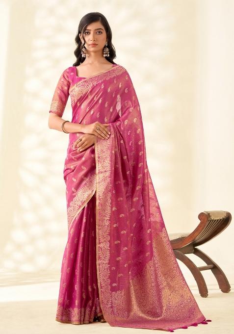 Magenta Woven Zari Work Tissue Silk Blend Saree Set