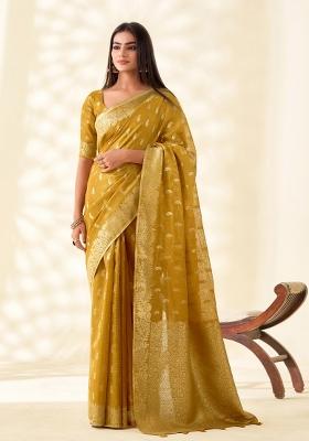 Mustard Woven Zari Work Tissue Silk Saree Set
